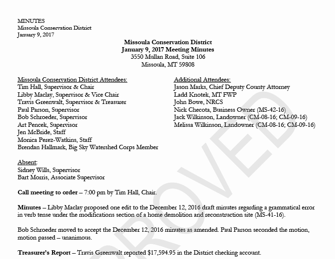 Sample Hoa Meeting Minutes Lovely January 9 2017 – Approved Meeting Minutes – Missoula