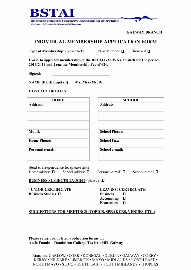 Sample Membership Application Fresh Membership Application form 2013 2014 Galway1