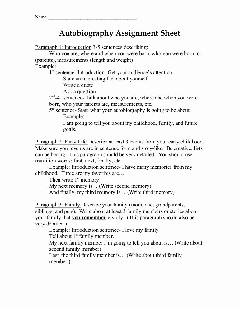 Sample Of Biographical Essay Beautiful Autobiography assignment Sheet