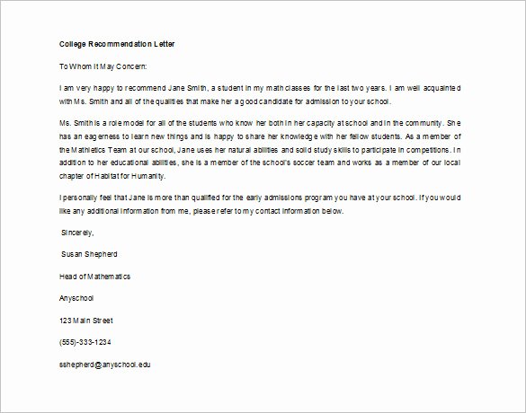 Sample Recommendation Letter for College Admission From Friend Fresh Re Mendation Letter for Student From Teacher Sample