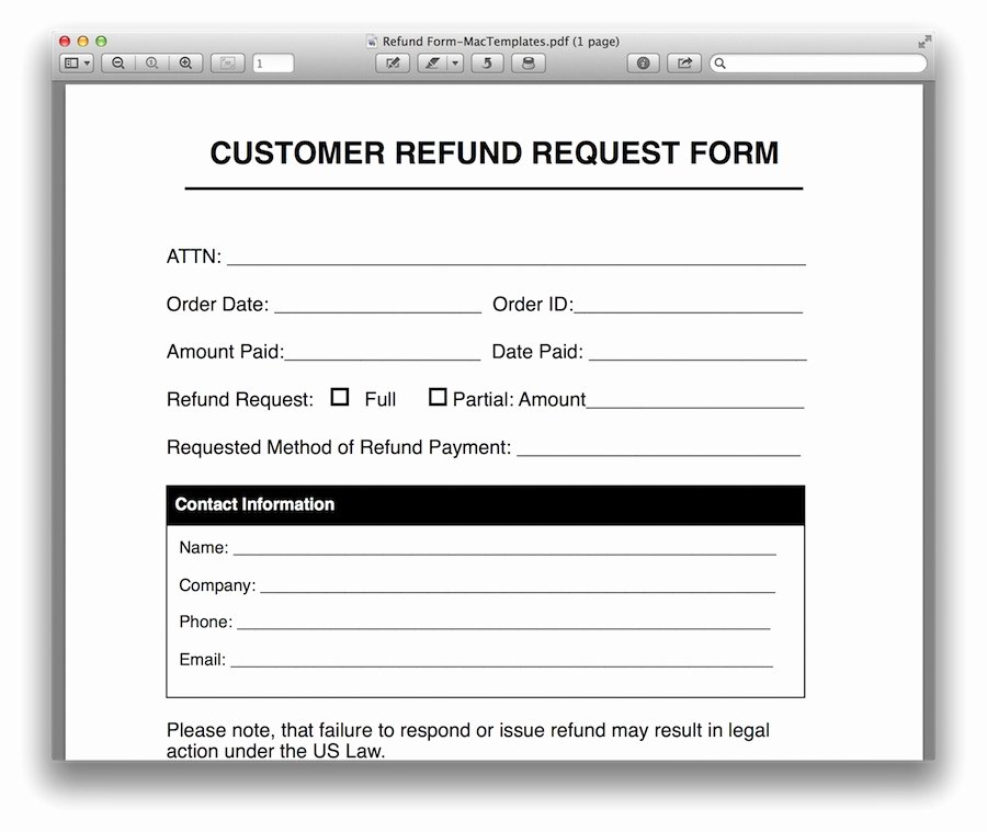 Sample Refund Letter to Customer New Refund Request form Template for Apple Pages &amp; Pdf