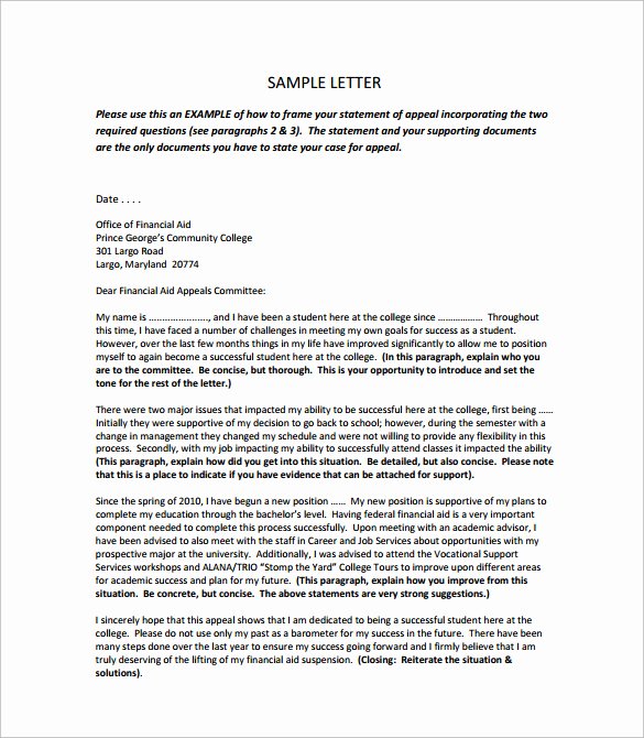 Sample Sap Appeal Letter New Financial Aid Appeal Letter