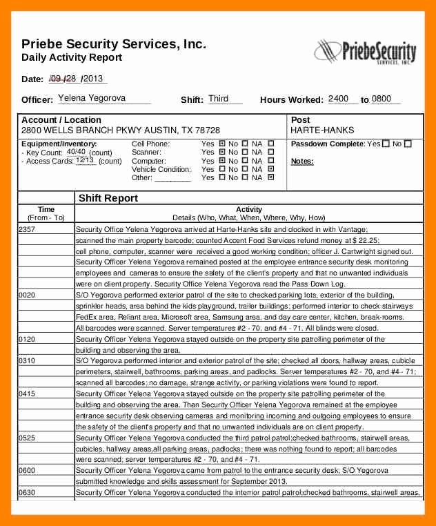 Security Officer Daily Activity Report Sample Lovely Security Guard Daily Activity Report Sample