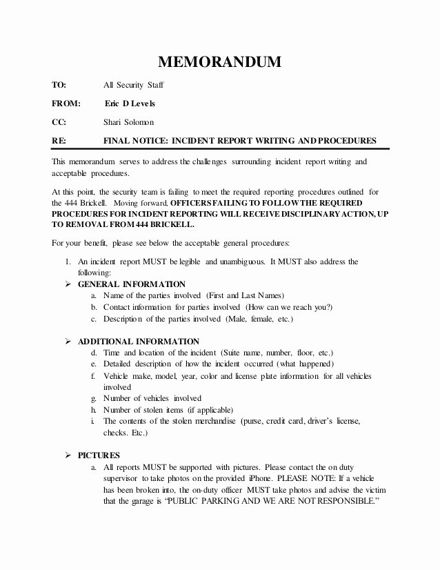 Security Report Example Fresh Incident Report Writing and Procedures Memorandum 06 15 2016