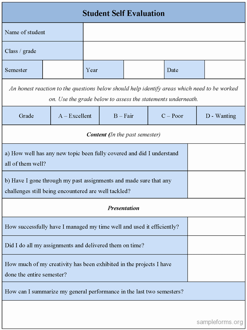 Self Performance Review Template Best Of Student Self Evaluation form Sample forms