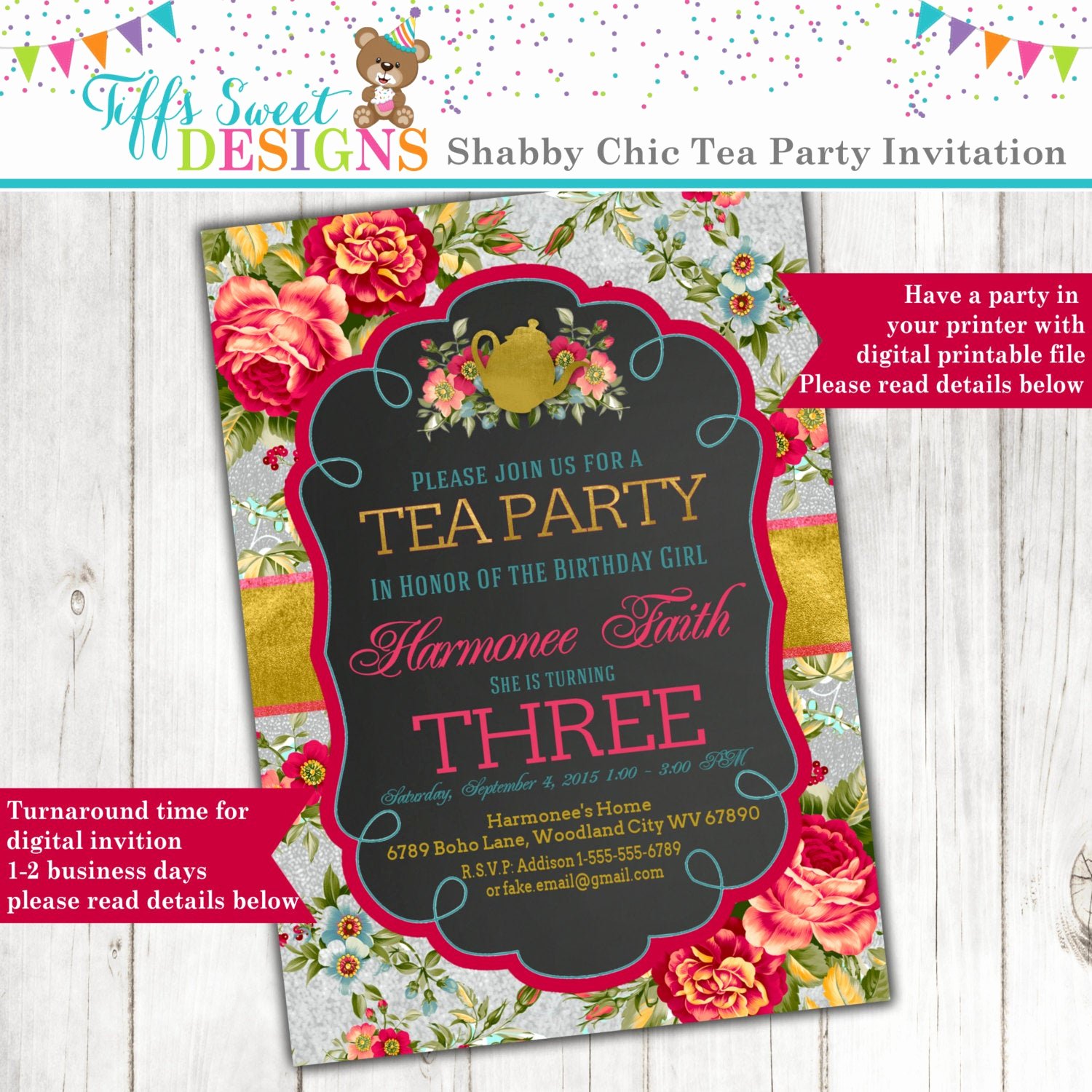 Shabby Chic Birthday Invitations Lovely Shabby Chic Tea Party Invitation with Roses and A Silver