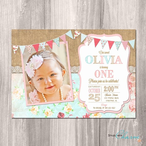 Shabby Chic Birthday Invitations Luxury Shabby Chic Birthday Invitation Girl First Birthday