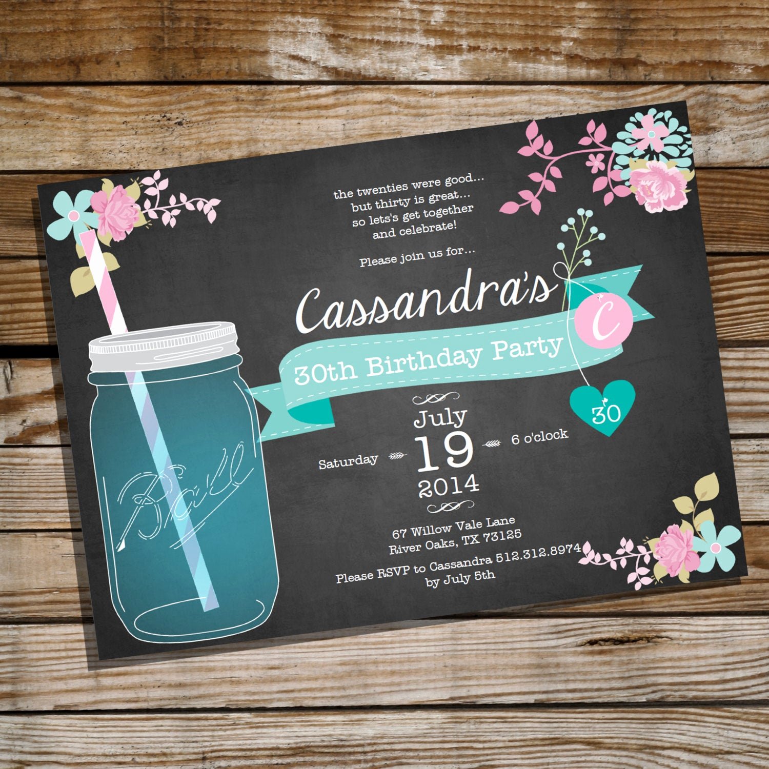 Shabby Chic Birthday Invitations Luxury Shabby Chic Mason Jar Birthday Invitation 30th 40th 50th