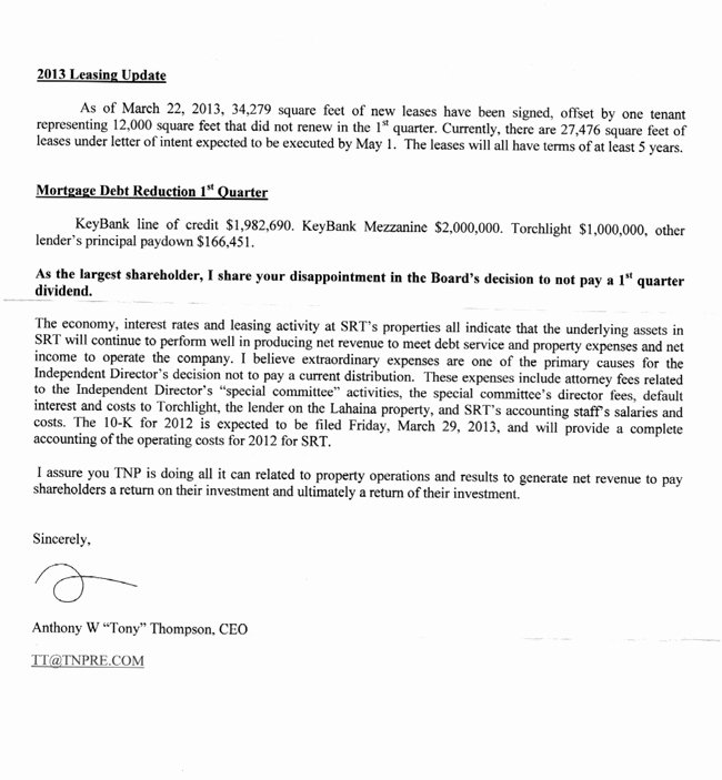 Shareholder Letter Examples Best Of tony Thompson S Letter to Tnp Strategic Retail Trust Investors