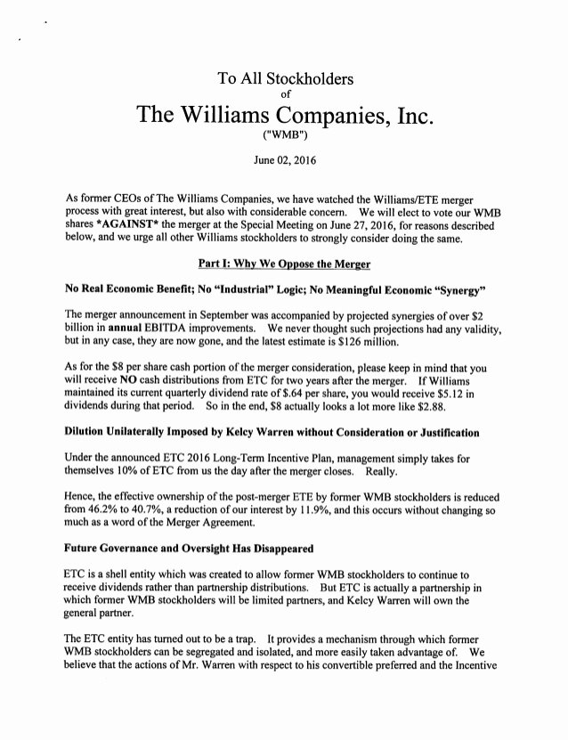 Shareholder Letter Examples Fresh Three former Ceos Of Williams Panies Send Letter to