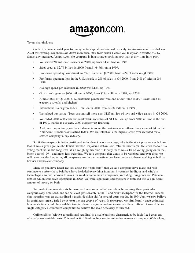 Shareholder Letter Examples New Amazon Shareholder Letters 1997 2011