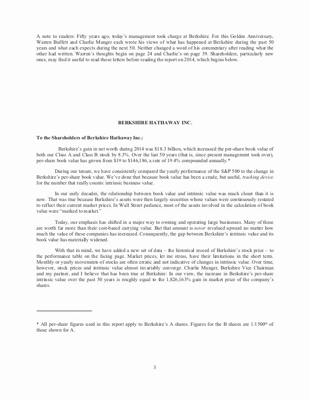 Shareholder Letter Examples Unique Berkshire Hathaway Annual Holder Letter 2014
