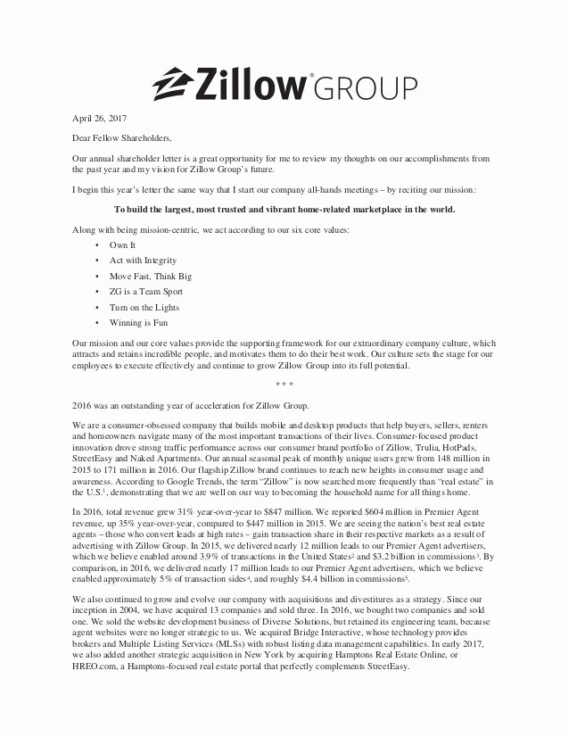 Shareholder Letter Template Awesome Zillow Group Holder Letter 2017