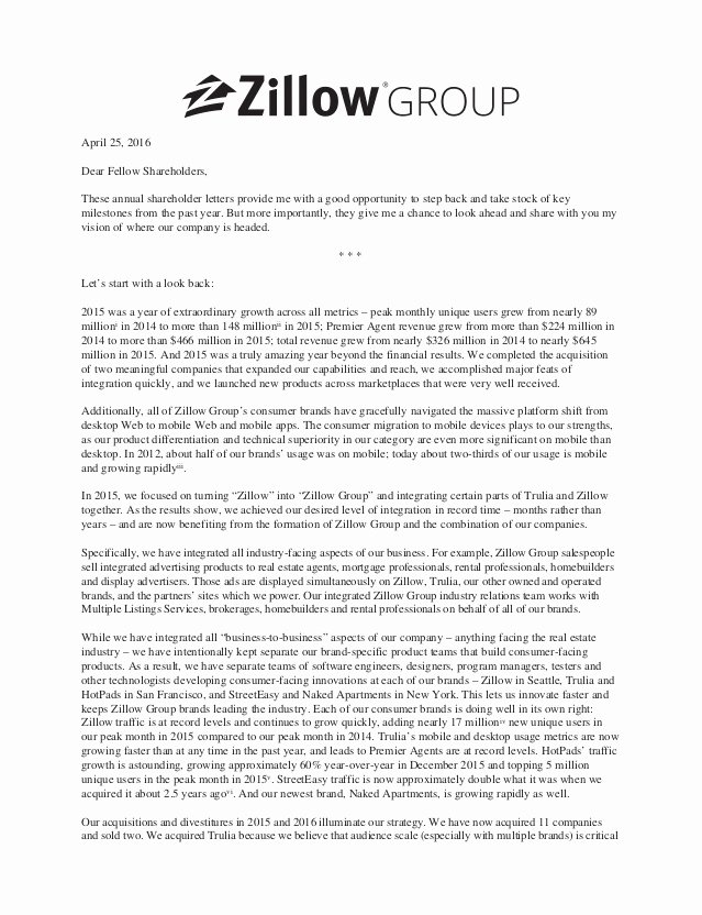 Shareholder Letter Template Unique Zillow Group Holder Letter 2016