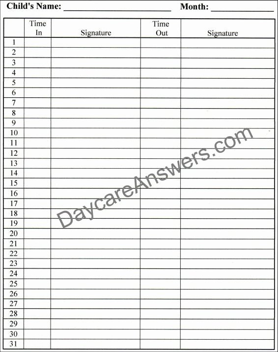 Sign In and Out Sheet for Daycare Fresh Daycare attendance Records