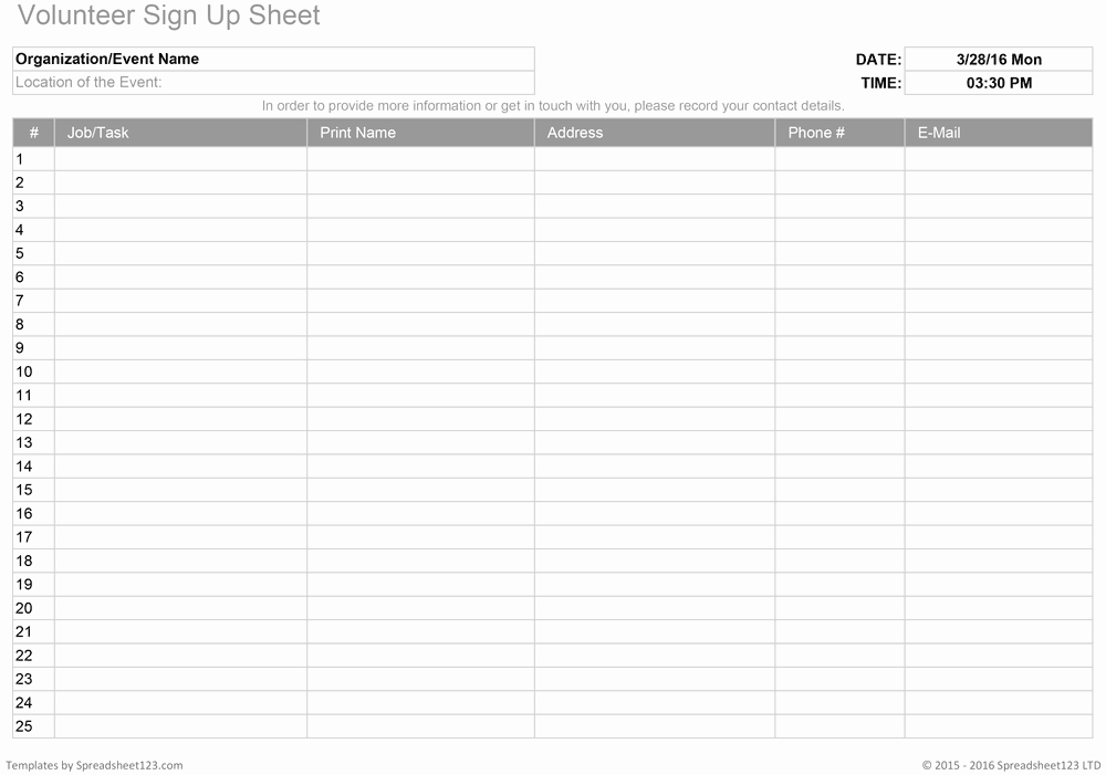 Sign Up Sheet Template Name Email Phone Number Elegant Printable Sign Up Worksheets and forms for Excel Word and Pdf