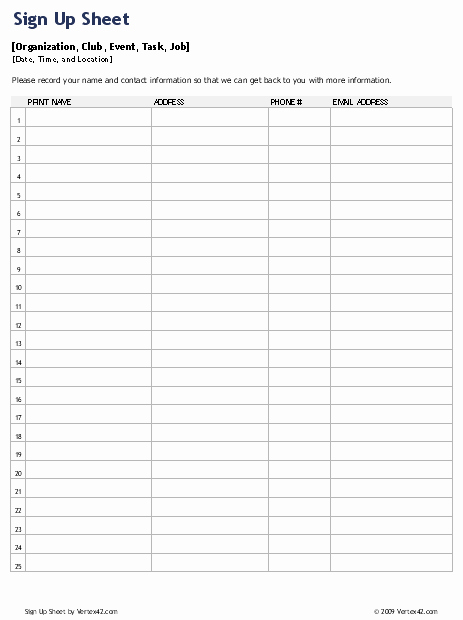 Sign Up Sheet Template Name Email Phone Number Inspirational Sign Up Sheets Potluck Sign Up Sheet