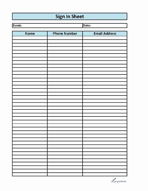 Sign Up Sheet Template Name Email Phone Number Lovely Printable Sign In Sheet Employee or Visitor form