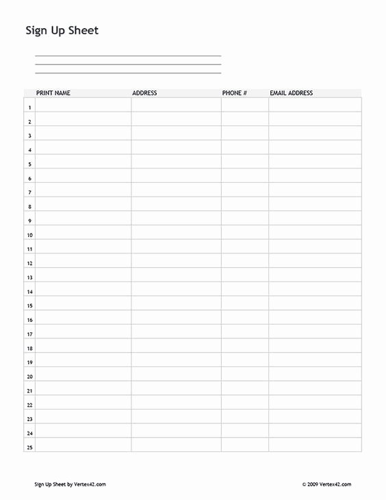 Sign Up Sheet Template Name Email Phone Number New Free Printable Sign Up Sheet Pdf From Vertex42