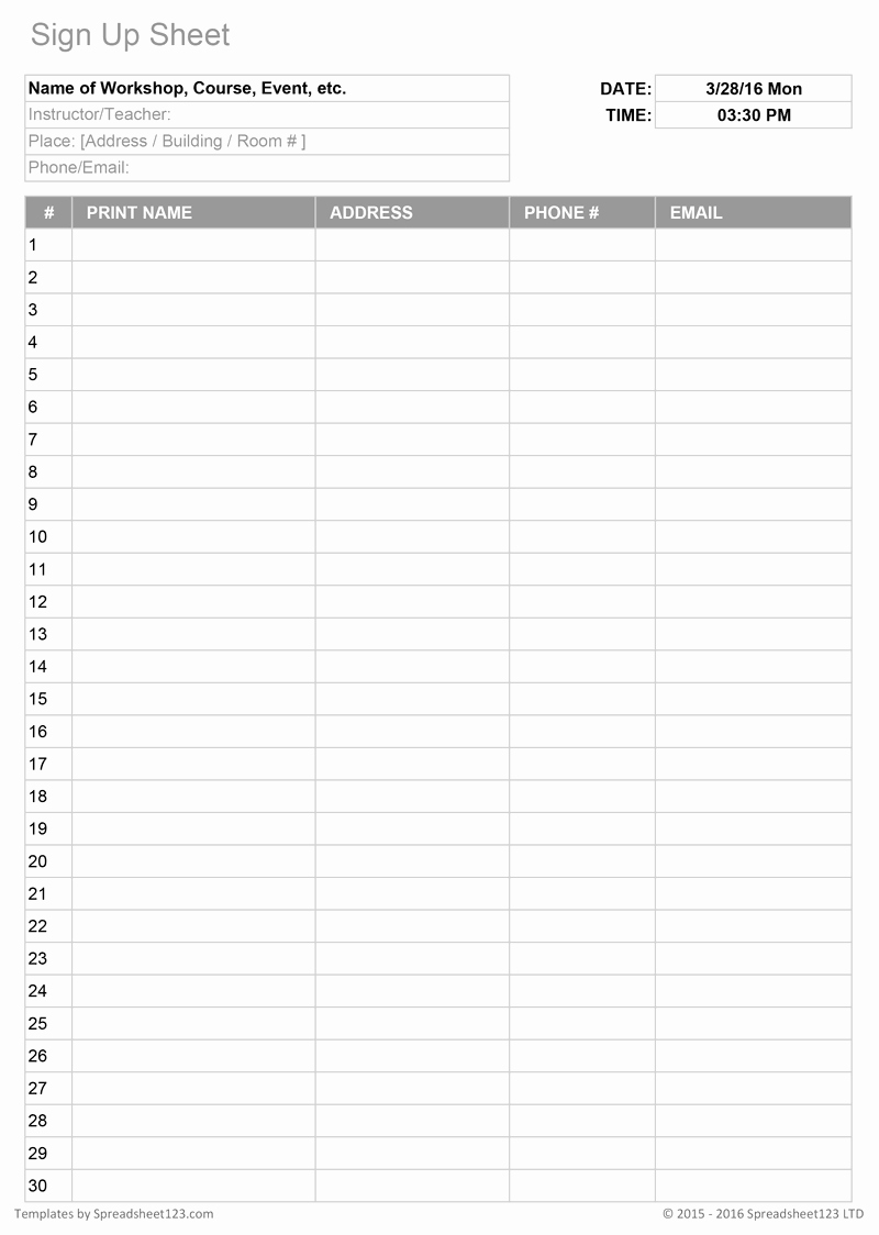 Sign Up Sheet Template Name Email Phone Number New Printable Sign Up Worksheets and forms for Excel Word and Pdf