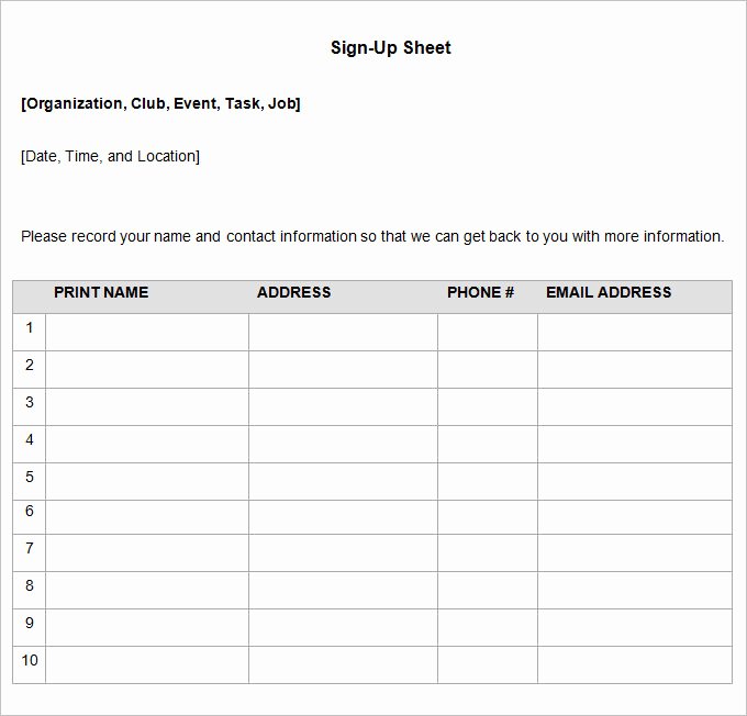 Sign Up Sheet Template Name Email Phone Number Unique Sign Up Sheets 58 Free Word Excel Pdf Documents