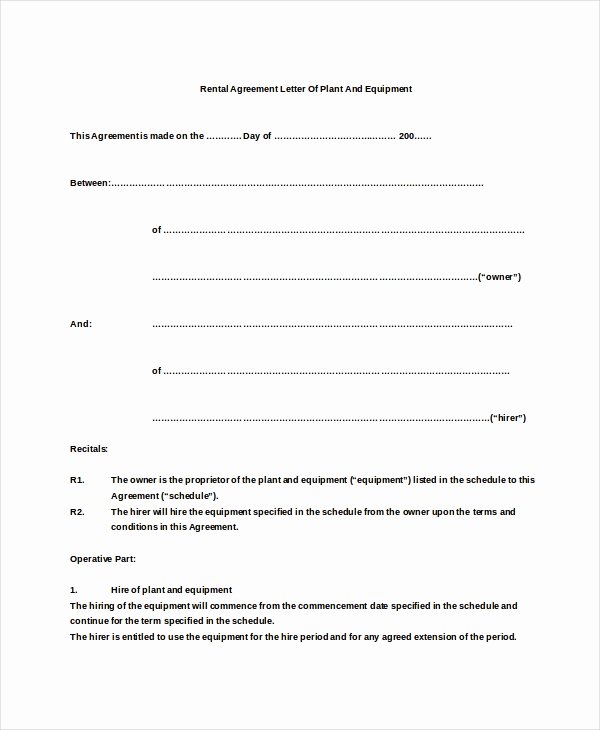 Simple Equipment Rental Agreement Template Free Fresh 10 Rental Agreement Letter Doc Pdf