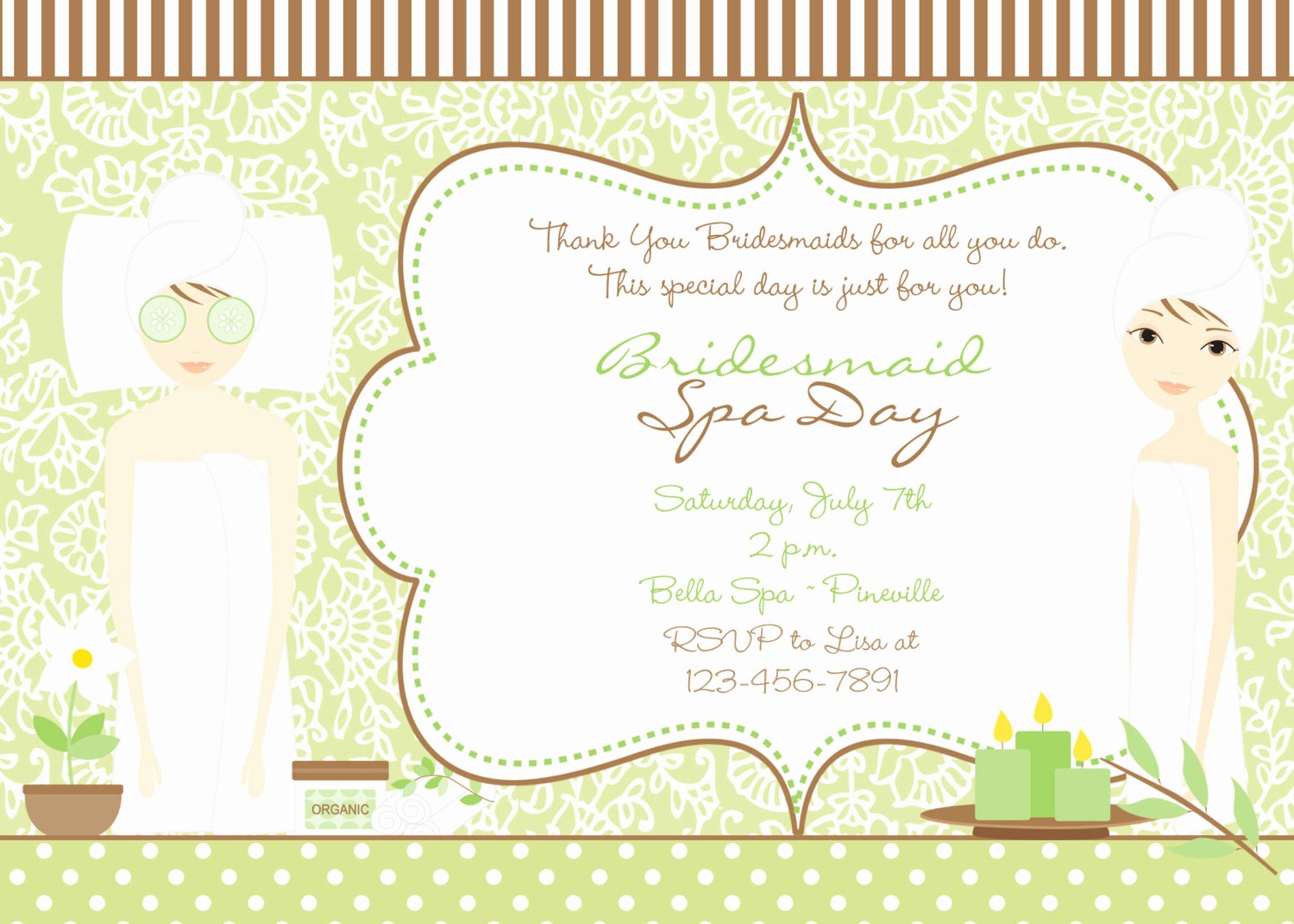 Spa Day Invitation Beautiful Spa Bridal Shower Invitation Green and Brown Bridal Spa Day