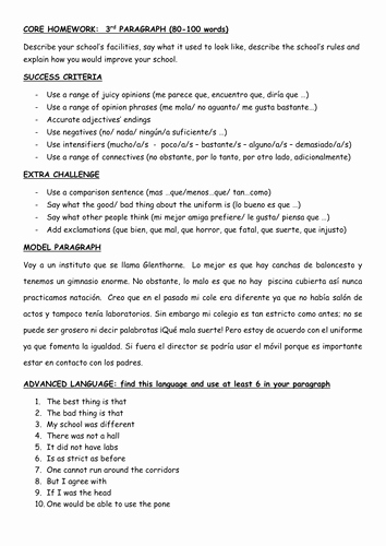 Spanish Essay About Yourself Lovely Gcse Paragraph Writing School Facilities and School Rules