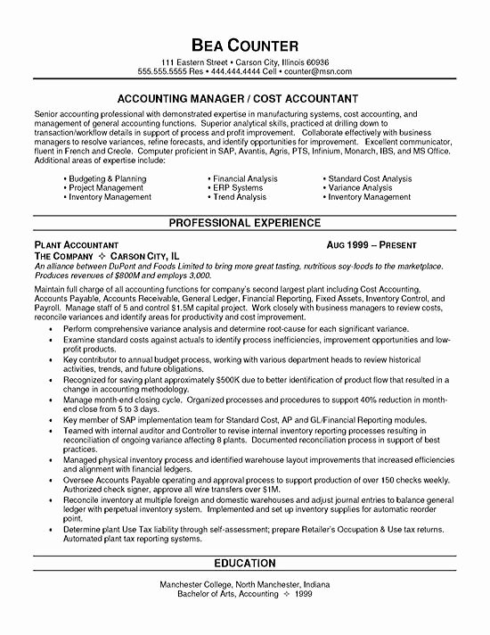 Staff Accounting Resume Samples Beautiful Cost Accountant Resume Example