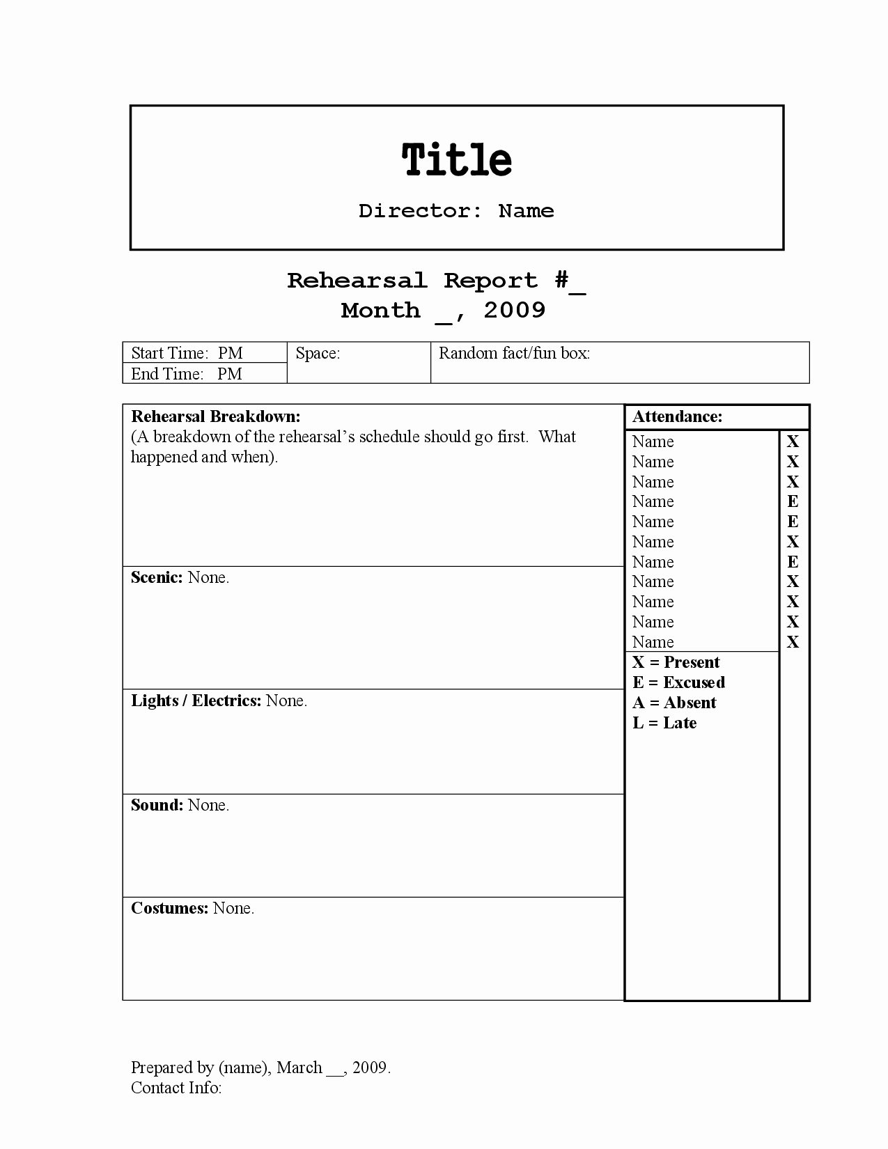 Stage Play format Template Inspirational Rehearsal Report Template