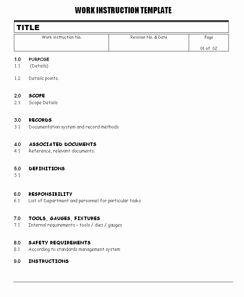 Standardized Work Instructions Templates New Work Instructions Document