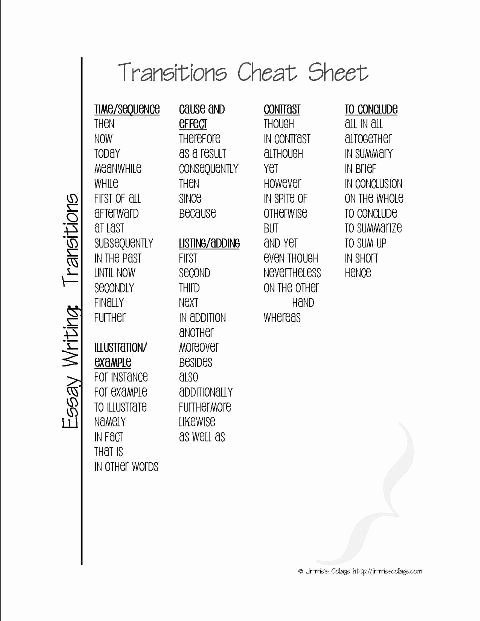 Starter Words for Essays Fresh Transition Words Cheat Sheet for Lang Arts