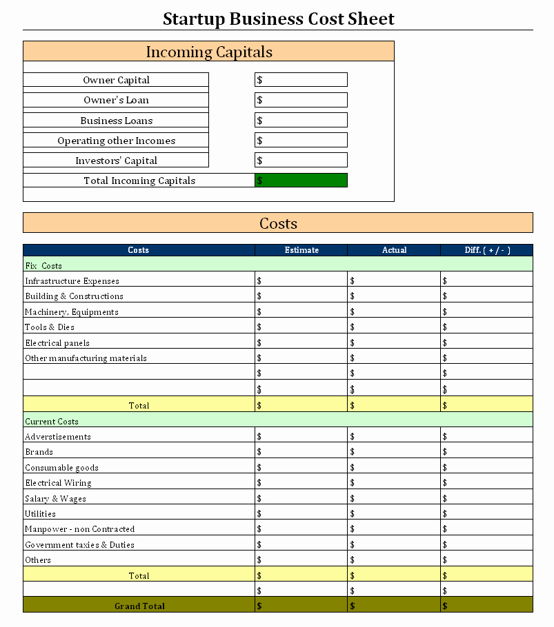 Startup Expenses and Capitalization Spreadsheet Fresh Start Up Business Cost Sheet