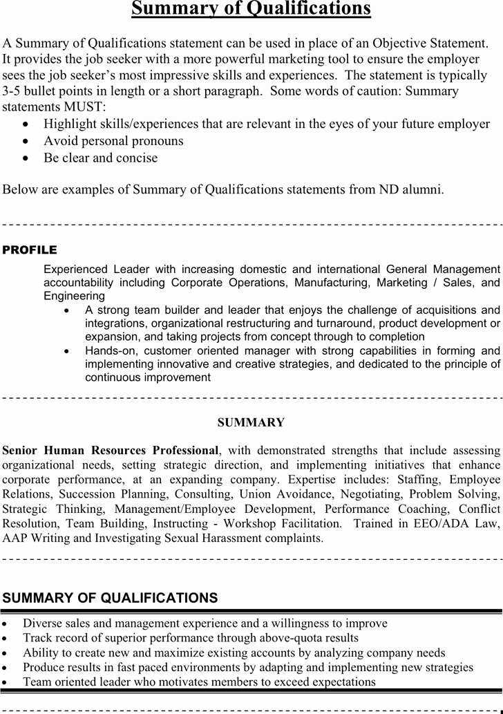 Statement Of Qualifications Template Free Fresh Free Summary Of Qualifications Example Pdf 26kb