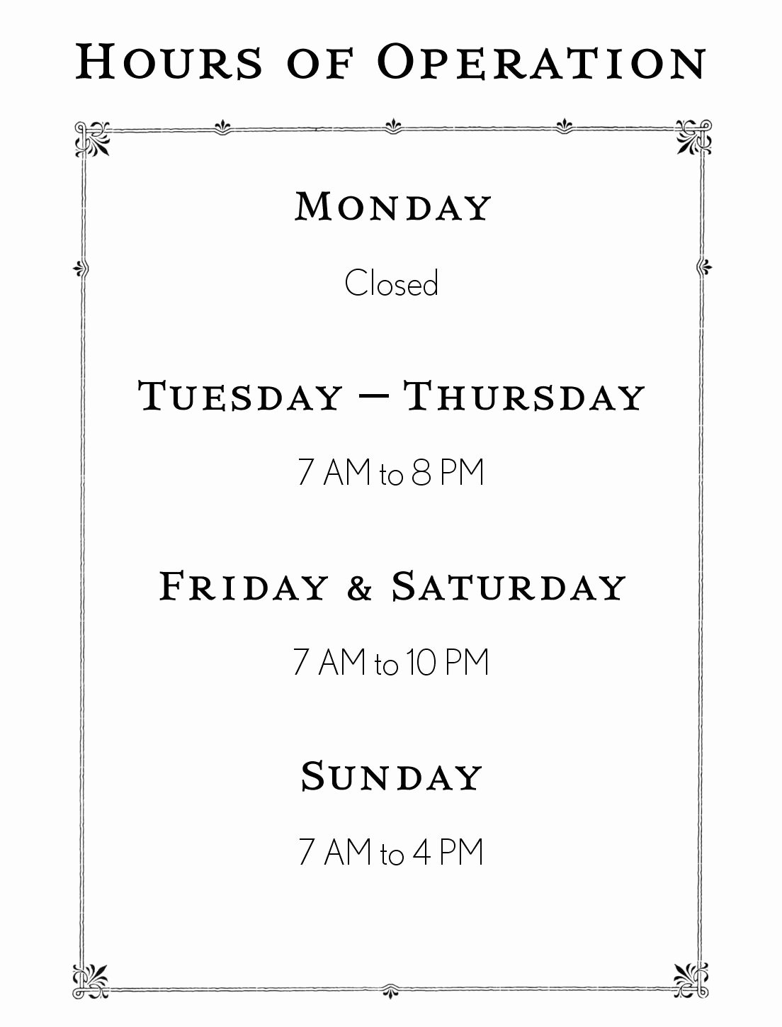 Store Hours Sign Template Unique Hours Operation Template