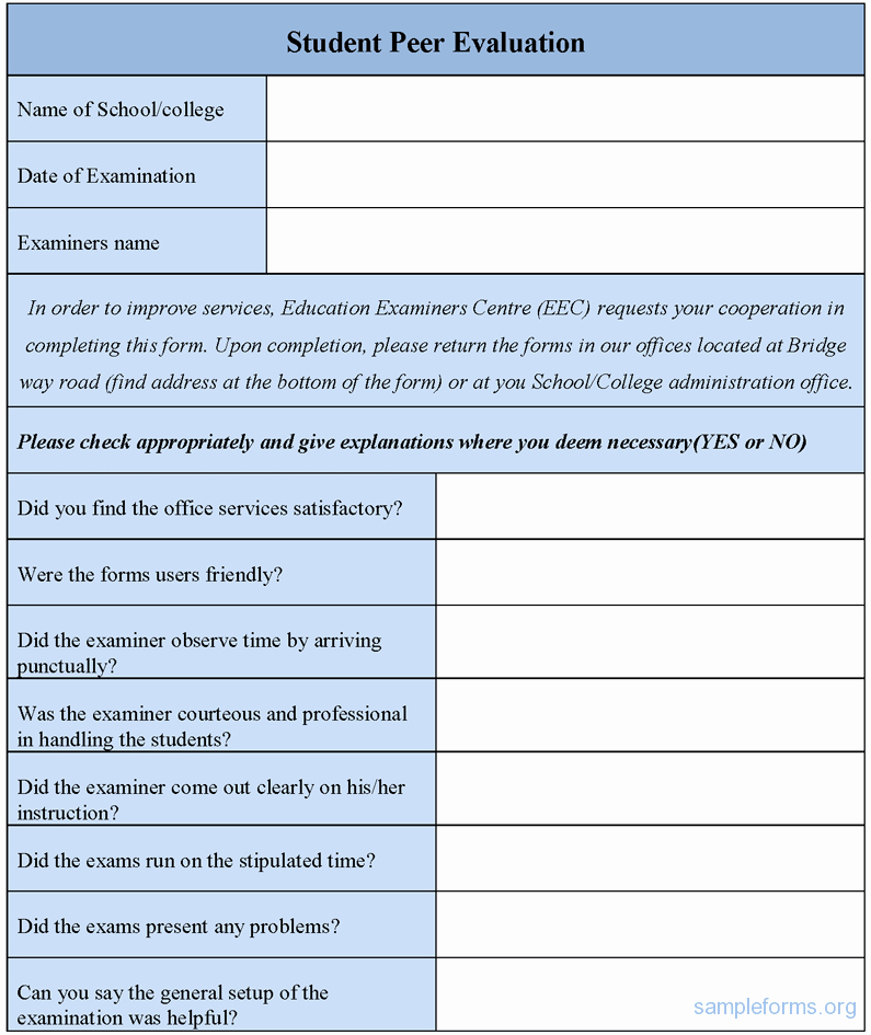 Student Performance Evaluation Examples Awesome Student Peer Evaluation form Sample forms