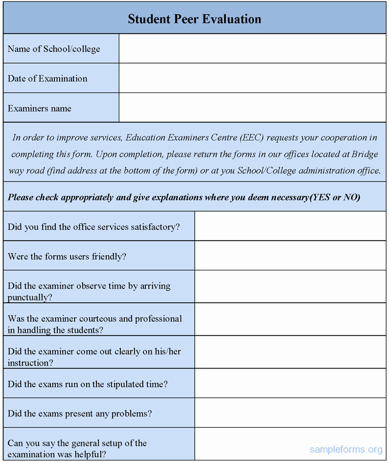 Student Performance Evaluation Examples Awesome Student Peer Evaluation form Sample forms