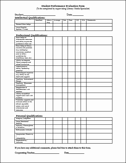 Student Performance Evaluation Examples Beautiful Student Evaluation form Samples Evaluate Students