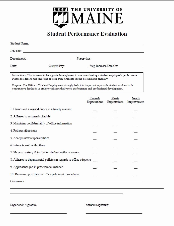 Student Performance Evaluation Examples Best Of Student Employee Performance Evaluation Sample Student
