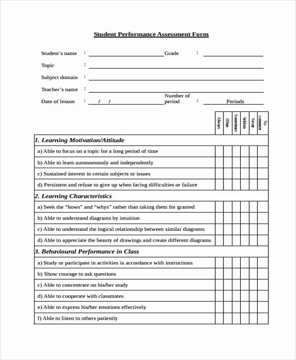 Student Performance Evaluation Examples Fresh 27 Sample assessment form Examples Free Example Sample