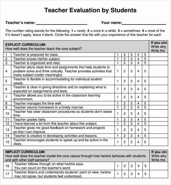 Student Performance Evaluation Examples Fresh Teacher Evaluation form for Students