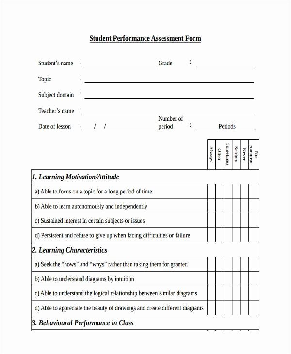 Student Performance Evaluation Examples Inspirational 7 Student assessment form Samples Free Sample Example