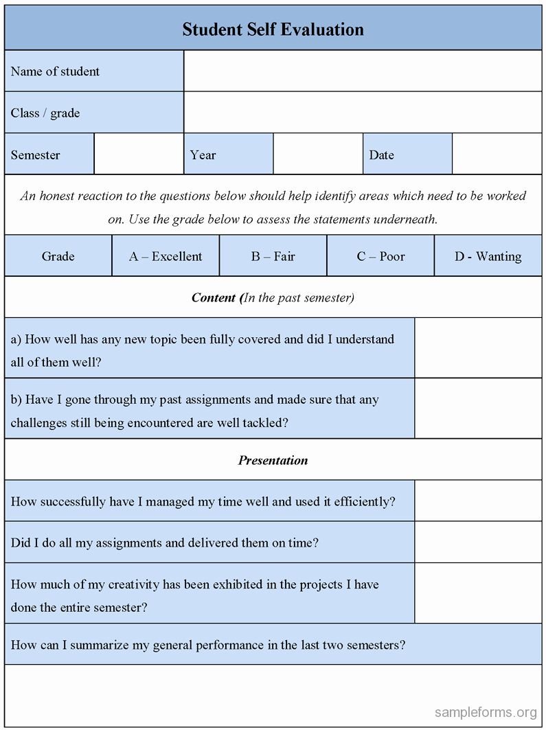 Student Performance Evaluation Examples Inspirational Student Self Evaluation form Sample forms
