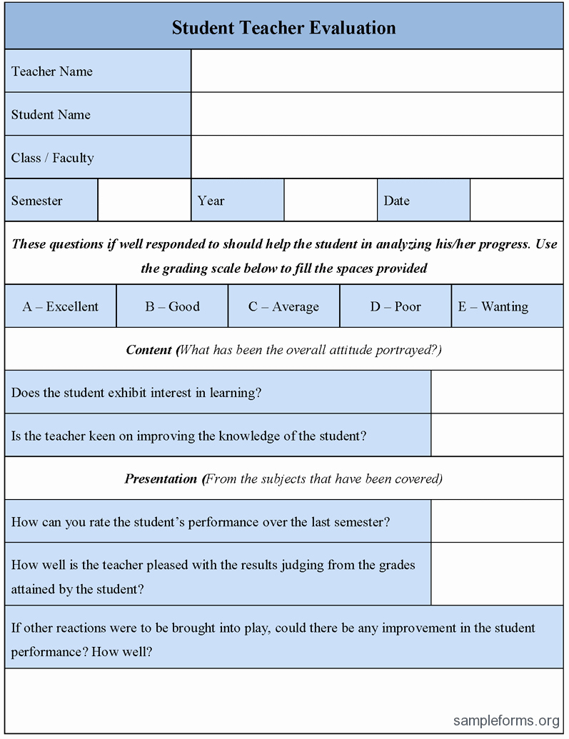 Student Performance Evaluation Examples Inspirational Student Teacher Evaluation form Sample forms