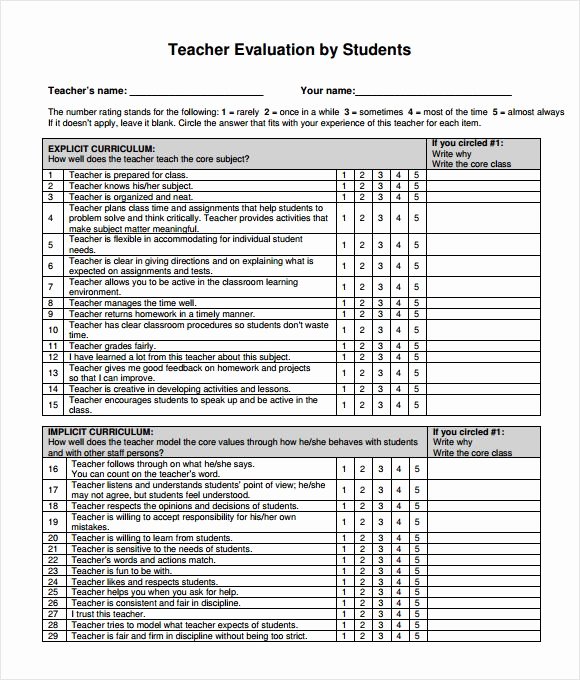 Student Performance Evaluation Examples Lovely Student Evaluation form Sample Pdf 7 Free Student