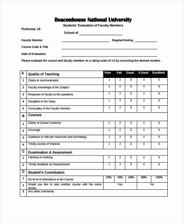 Student Performance Evaluation Examples Luxury Student Evaluation form In Pdf