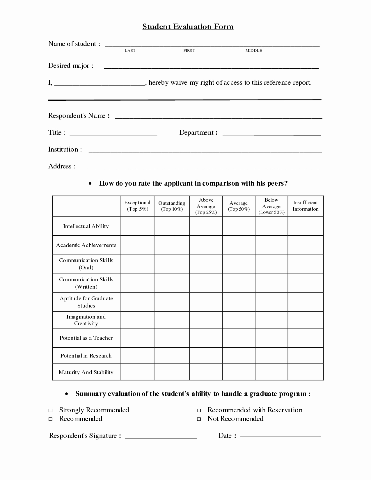 Student Performance Evaluation Examples Luxury Student Evaluation form Student Evaluation form