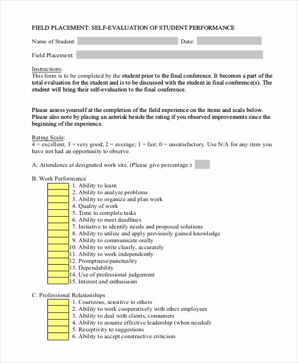 Student Performance Evaluation form Beautiful Self Evaluation form Sample 9 Free Documents In Pdf Doc