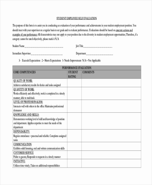 Student Performance Evaluation form Fresh Sample Employee Self Evaluation form 10 Free Documents