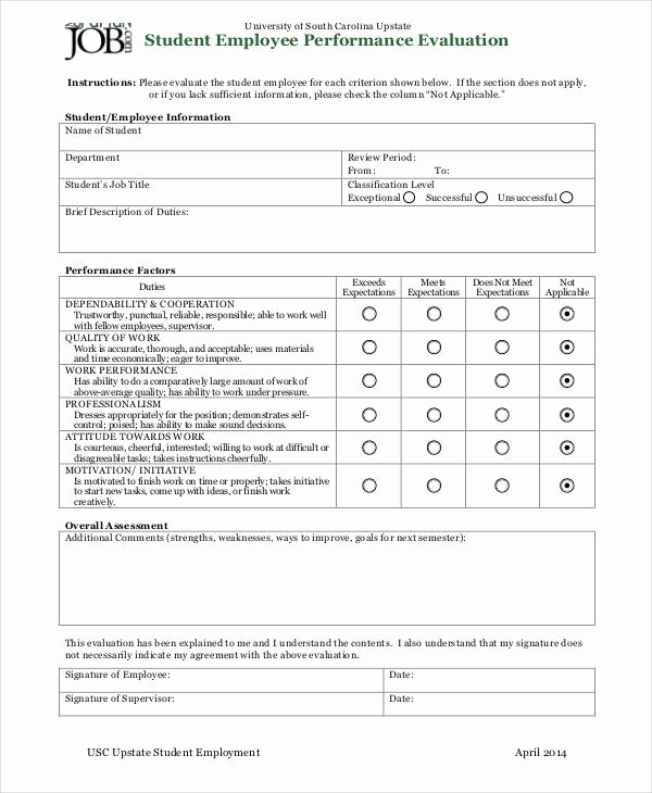 Student Performance Evaluation form Fresh Sample Student Evaluation form